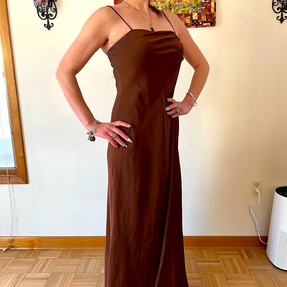 Womens spaghetti strap elegant floor length dress, chine, soft inner liner